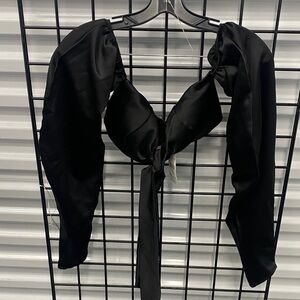 Fashion Nova Black Satin Tie-Front Crop Top with Puff Sleeves